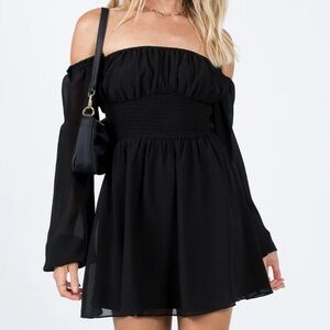 Princess Polly Sammie Black Off-Shoulder Long Sleeve Mini Dress Size Small